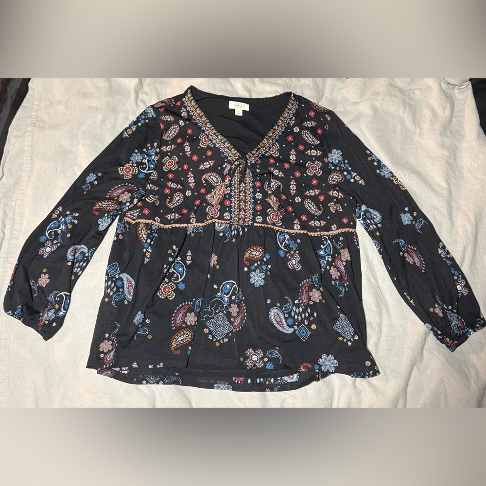 Style & Co. Black Multicolor Paisley V-Neck Blouse